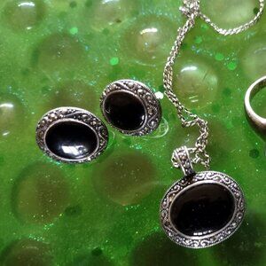 Oval Onyx and Silver Marcasite Pendant and Earrings